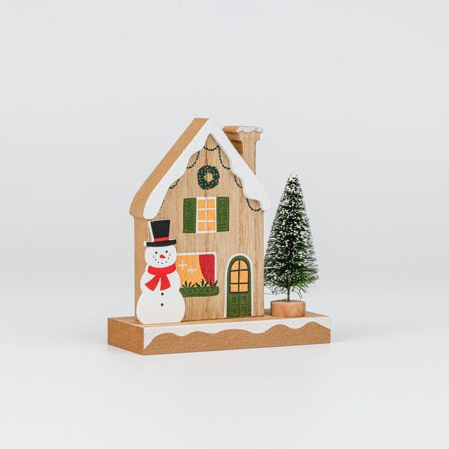 Wooden Christmas House Tabletop Decor With Snowman & Xmas Tree
