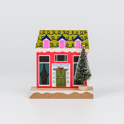 Wooden Christmas House Tabletop Decor With Wreath Door