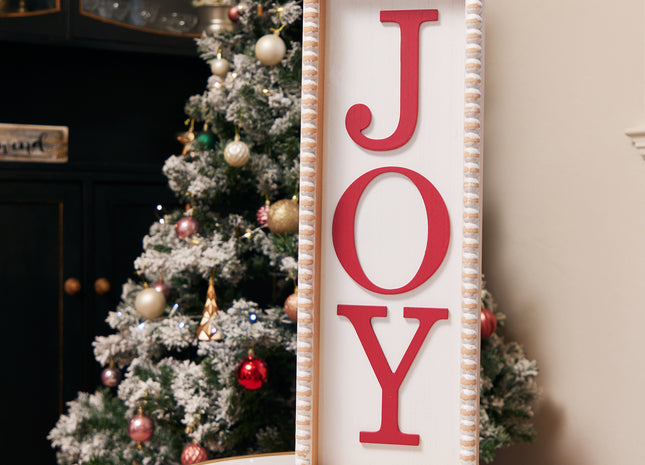 'Joy' Christmas Wooden Decorations - White Rectangular Sign with Red Lettering