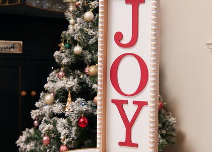 'Joy' Christmas Wooden Decorations - White Rectangular Sign with Red Lettering