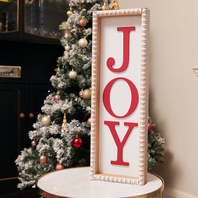 'Joy' Christmas Wooden Decorations - White Rectangular Sign with Red Lettering