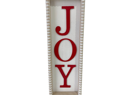 'Joy' Christmas Wooden Decorations - White Rectangular Sign with Red Lettering