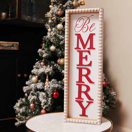 'Be Merry'  Wooden Decorations - White Rectangular Sign with Red Lettering