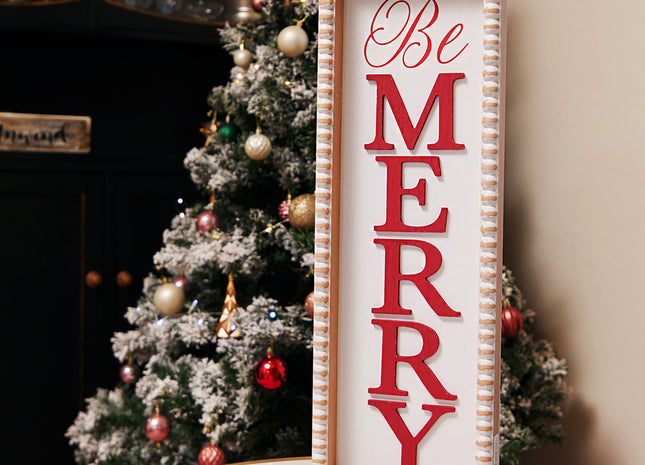 'Be Merry'  Wooden Decorations - White Rectangular Sign with Red Lettering