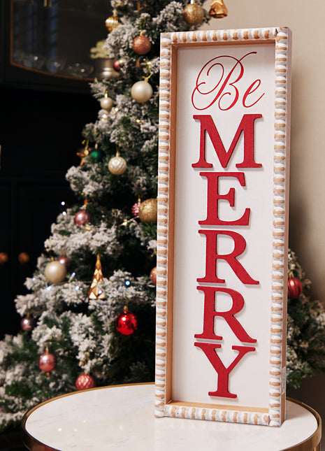 JX6172 | Birthday party & Wedding decorations 'Be Merry'  Wooden Decorations - White Rectangular Sign with Red Lettering | 20x4.3x59.6cm