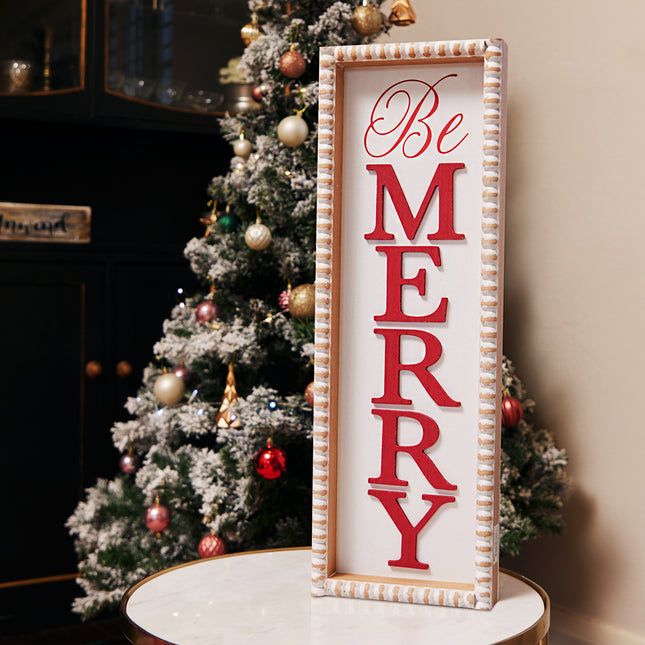 'Be Merry'  Wooden Decorations - White Rectangular Sign with Red Lettering