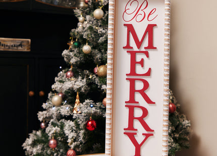 'Be Merry'  Wooden Decorations - White Rectangular Sign with Red Lettering