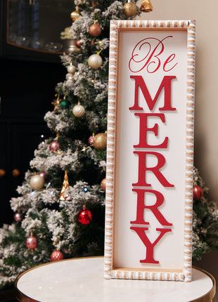 JX6172 | Birthday party & Wedding decorations 'Be Merry'  Wooden Decorations - White Rectangular Sign with Red Lettering | 20x4.3x59.6cm