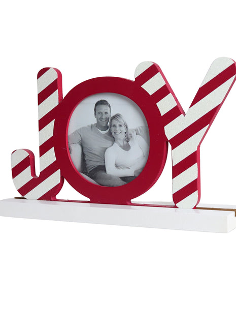 JX6185 |christmas decorations  Wooden Red Christmas Photo Frame with 3D 'JOY' Design - Holds Circular Photos - Festive Holiday Decor | 24x5x15cm