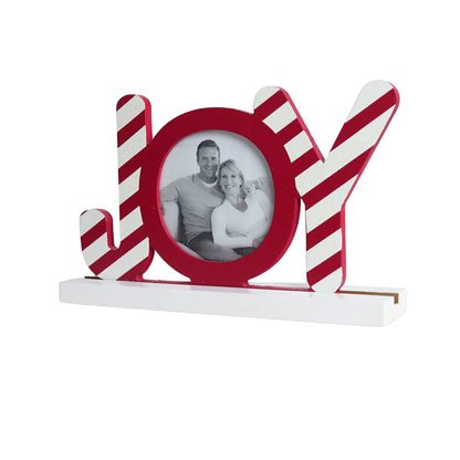 JX6185 | Wooden Red Christmas Photo Frame with 3D 'JOY' Design - Holds Circular Photos - Festive Holiday Decor