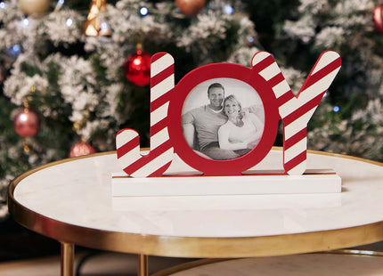 Christmas decorations  Wooden Red Christmas Photo Frame with 3D 'JOY' Design - Holds Circular Photos - Festive Holiday Decor