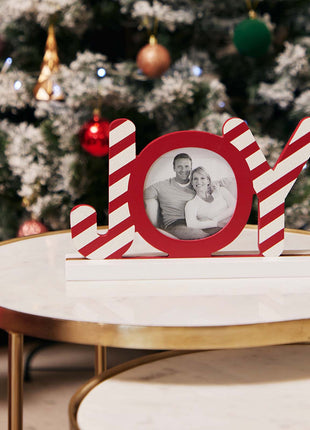 JX6185 |christmas decorations  Wooden Red Christmas Photo Frame with 3D 'JOY' Design - Holds Circular Photos - Festive Holiday Decor | 24x5x15cm