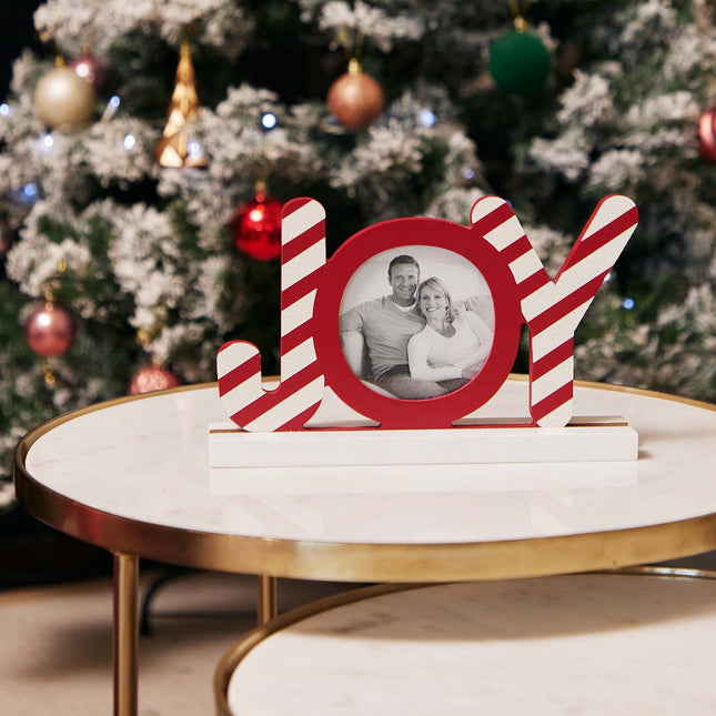 Christmas decorations  Wooden Red Christmas Photo Frame with 3D 'JOY' Design - Holds Circular Photos - Festive Holiday Decor