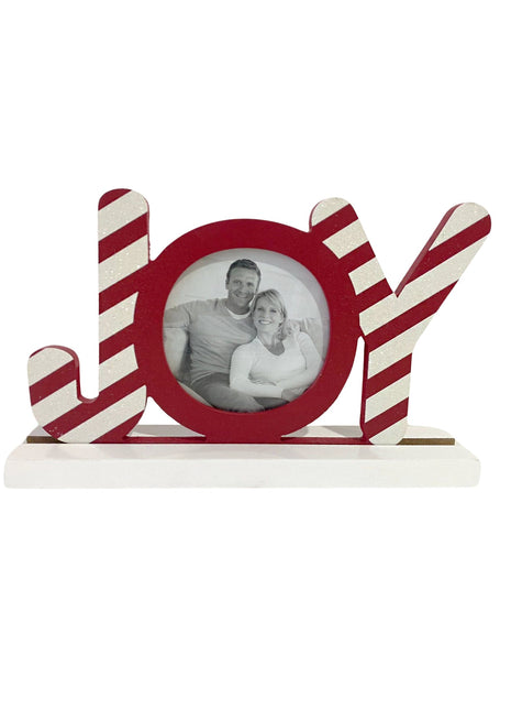 JX6185 |christmas decorations  Wooden Red Christmas Photo Frame with 3D 'JOY' Design - Holds Circular Photos - Festive Holiday Decor | 24x5x15cm