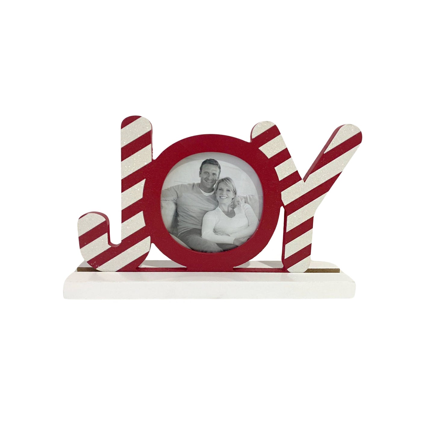 JX6185 | Wooden Red Christmas Photo Frame with 3D 'JOY' Design - Holds Circular Photos - Festive Holiday Decor