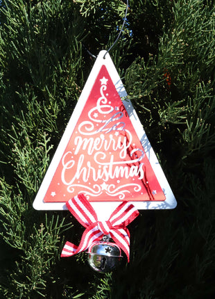 JX6190 |  christmas decorations 'Merry Christmas' Triangular Christmas Decorations with Bow and Bell - Festive Holiday Decor | 11.5x0.5x18.5cm