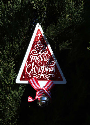 JX6190 |  christmas decorations 'Merry Christmas' Triangular Christmas Decorations with Bow and Bell - Festive Holiday Decor | 11.5x0.5x18.5cm