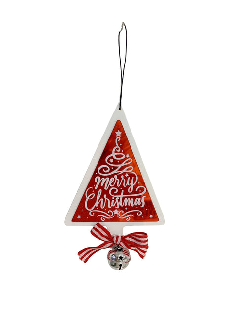JX6190 |  christmas decorations 'Merry Christmas' Triangular Christmas Decorations with Bow and Bell - Festive Holiday Decor | 11.5x0.5x18.5cm