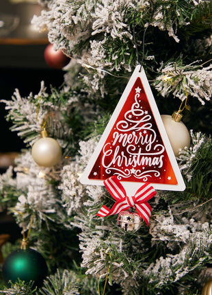 JX6190 |  christmas decorations 'Merry Christmas' Triangular Christmas Decorations with Bow and Bell - Festive Holiday Decor | 11.5x0.5x18.5cm