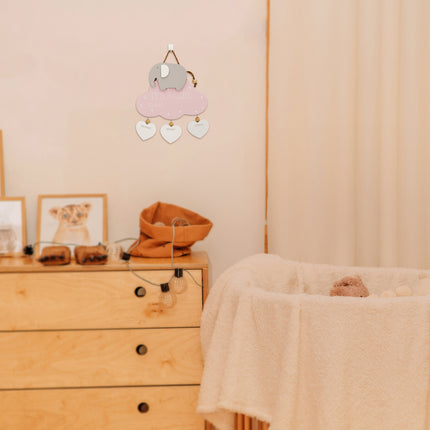Wooden Hanging Decoration for Newborns - Elephant, Pink Cloud, and Heart Accents