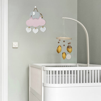 Wooden Hanging Decoration for Newborns - Elephant, Pink Cloud, and Heart Accents