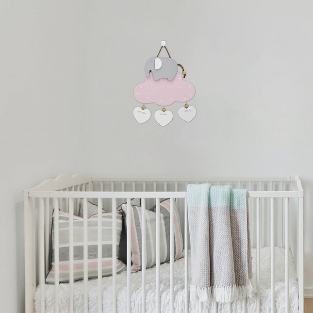 Wooden Hanging Decoration for Newborns - Elephant, Pink Cloud, and Heart Accents