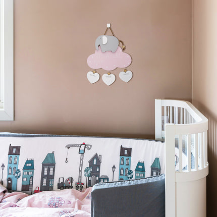 Wooden Hanging Decoration for Newborns - Elephant, Pink Cloud, and Heart Accents