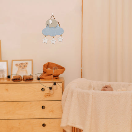 Wooden Hanging Decoration for Newborns - Elephant, Blue Cloud, and Heart Accents