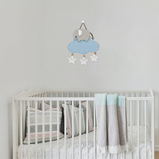 Wooden Hanging Decoration for Newborns - Elephant, Blue Cloud, and Heart Accents