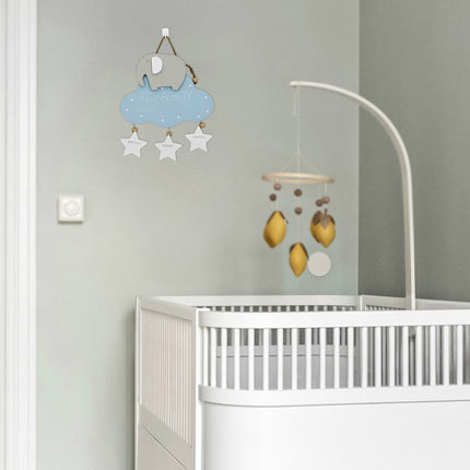 Wooden Hanging Decoration for Newborns - Elephant, Blue Cloud, and Heart Accents