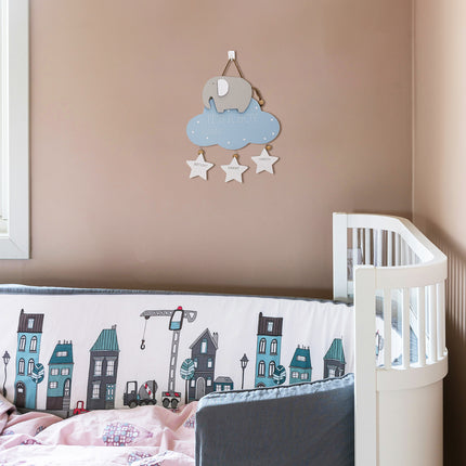 Wooden Hanging Decoration for Newborns - Elephant, Blue Cloud, and Heart Accents