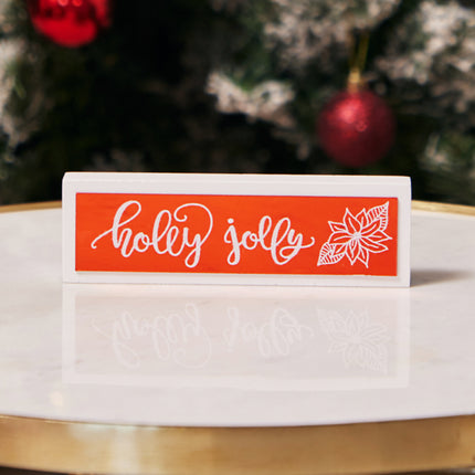HOLLY JOLLY RED GLASS TABLETOP SIGN