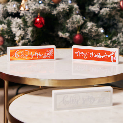 HOLLY JOLLY RED GLASS TABLETOP SIGN