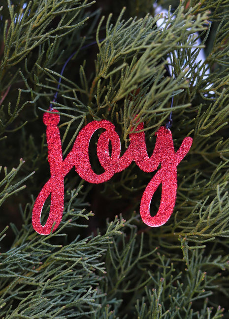 JX6303 |christmas decorations  red glitter tin Joy Ornament | 14x5cm