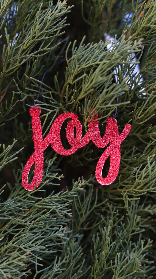 JX6303 | red glitter tin Joy Ornament