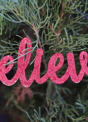 JX6302 |christmas decorations red glitter tin Believe Ornament | 14x5cm