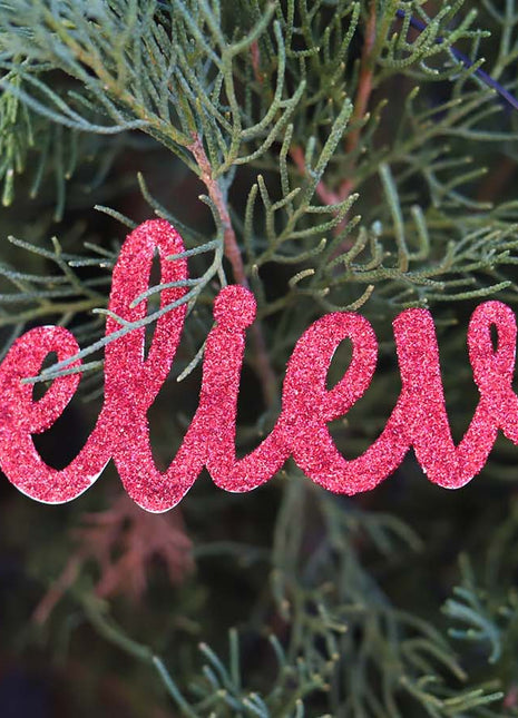 JX6302 |christmas decorations red glitter tin Believe Ornament | 14x5cm