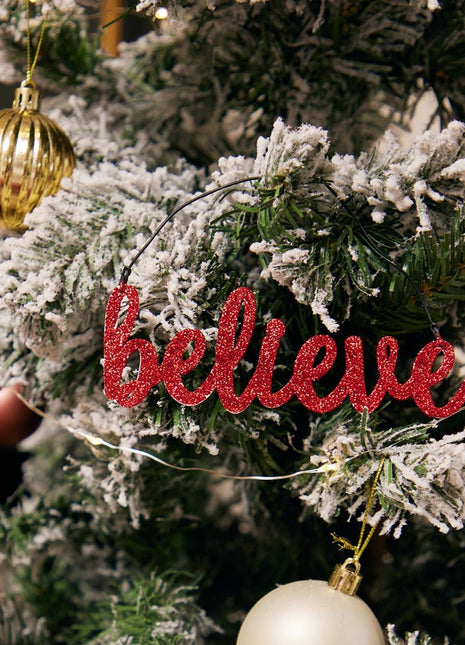 JX6302 |christmas decorations red glitter tin Believe Ornament | 14x5cm