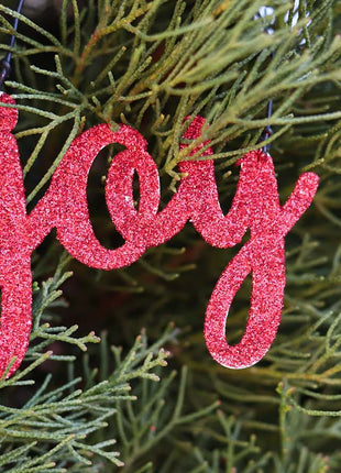 JX6303 |christmas decorations  red glitter tin Joy Ornament | 14x5cm