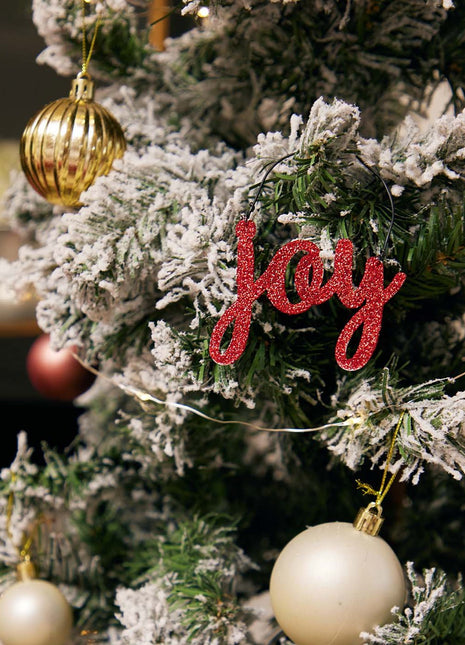 JX6303 |christmas decorations  red glitter tin Joy Ornament | 14x5cm