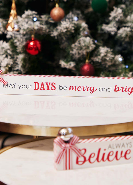 JX6313 |christmas decorations LG  Wooden Christmas tabletop signs May your days Merry and bright with bell and  candy cane strip bows40x1.8x7CM