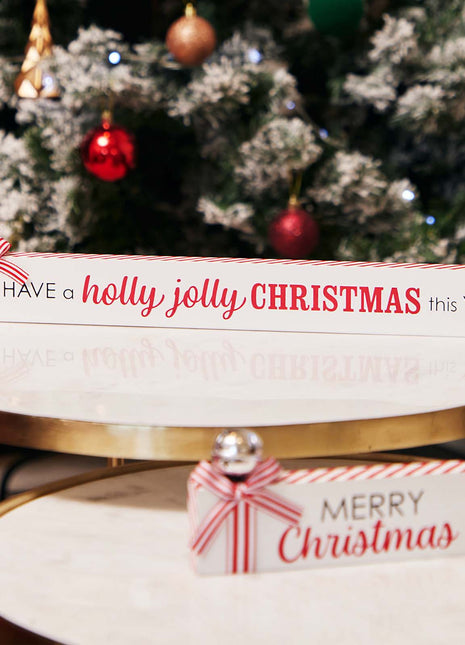 JX6316 | christmas decorations Wooden Christmas tabletop signs with bell and candy cane strip bows Holly Jolly| 40x1.8x7CM