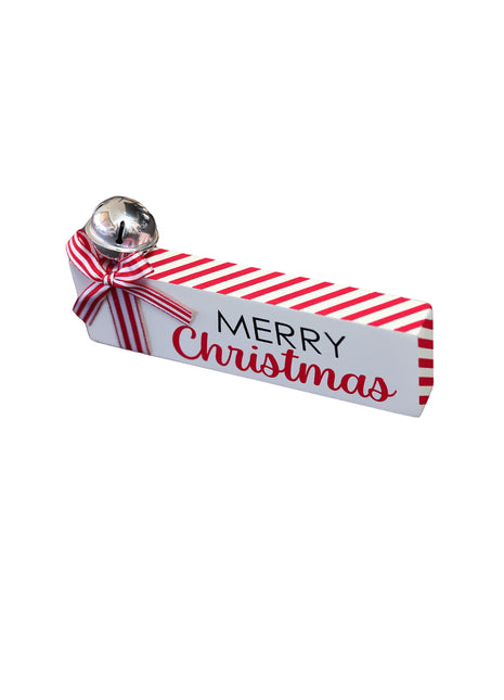 JX6317 | christmas decorations SML Wooden Christmas tabletop signs with bell and  candy cane strip bows MERRY CHRISTMAS  15x1.8x7CM