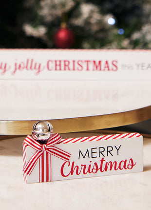 JX6317 | christmas decorations SML Wooden Christmas tabletop signs with bell and  candy cane strip bows MERRY CHRISTMAS  15x1.8x7CM