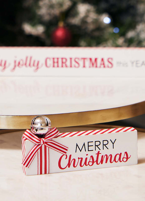 JX6317 | christmas decorations SML Wooden Christmas tabletop signs with bell and  candy cane strip bows MERRY CHRISTMAS  15x1.8x7CM