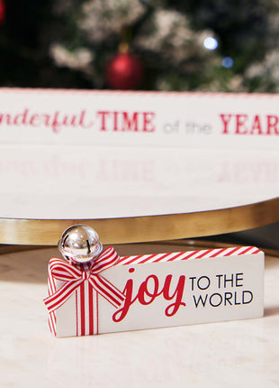 JX6318 | christmas decorations SML Wooden Christmas tabletop signs with bell and  candy cane strip bows JOY  15x1.8x7CM