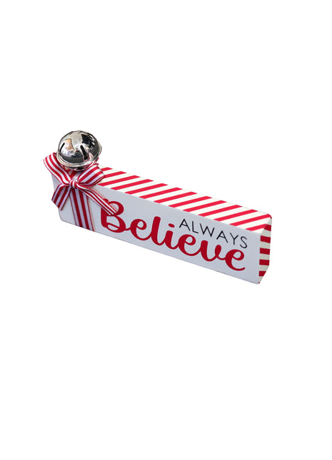 JX6319 |christmas decorations  SML Wooden Christmas tabletop signs with bell and  candy cane strip bows Believe  15x1.8x7CM
