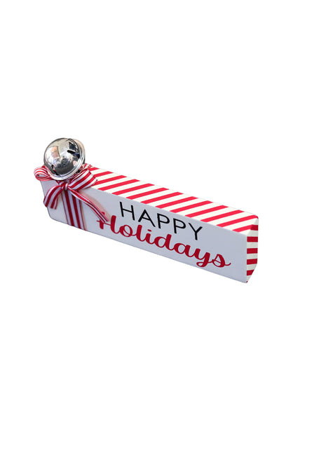 JX6320 | christmas decorations SML Wooden Christmas tabletop signs with bell and  candy cane strip bows HAPPY Holidays  15x1.8x7CM