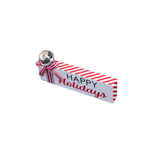 JX6320 | SML Wooden Christmas tabletop signs with bell and  candy cane strip bows HAPPY Holidays  15x1.8x7CM