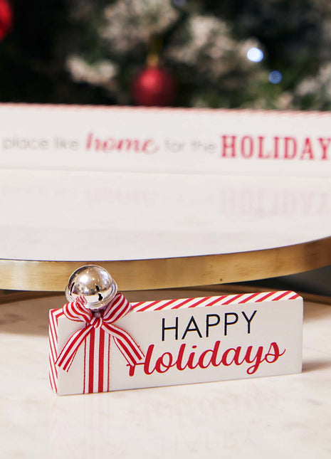JX6320 | christmas decorations SML Wooden Christmas tabletop signs with bell and  candy cane strip bows HAPPY Holidays  15x1.8x7CM